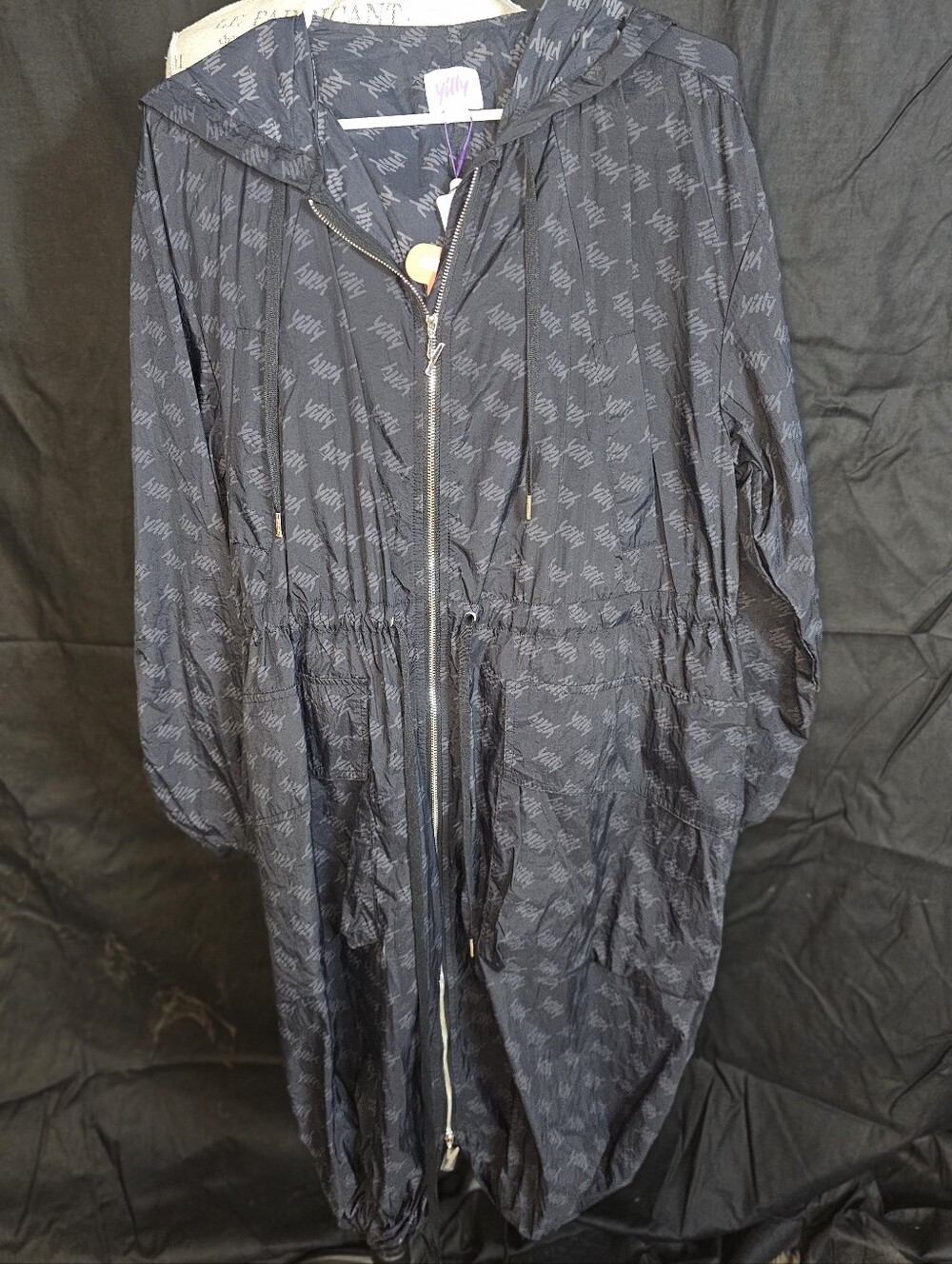 YITTY Navy Hooded Trench Coat with Subtle Logo Print - Picture 1 of 4